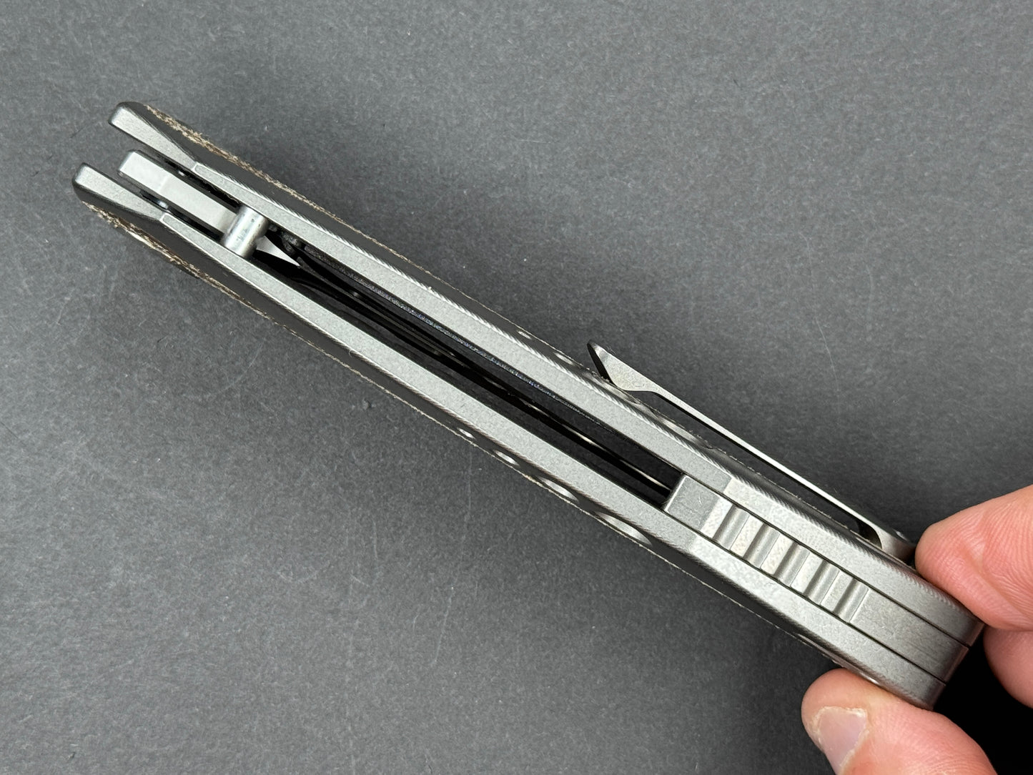 TWOSUN TS263 Folding, Frame Lock, 14C28N, Satin, Clip Point, Plain Edge, Full Grind, Handle: Titanium/ Micarta/Gray/ Brown, (NEW - OPEN BOX)