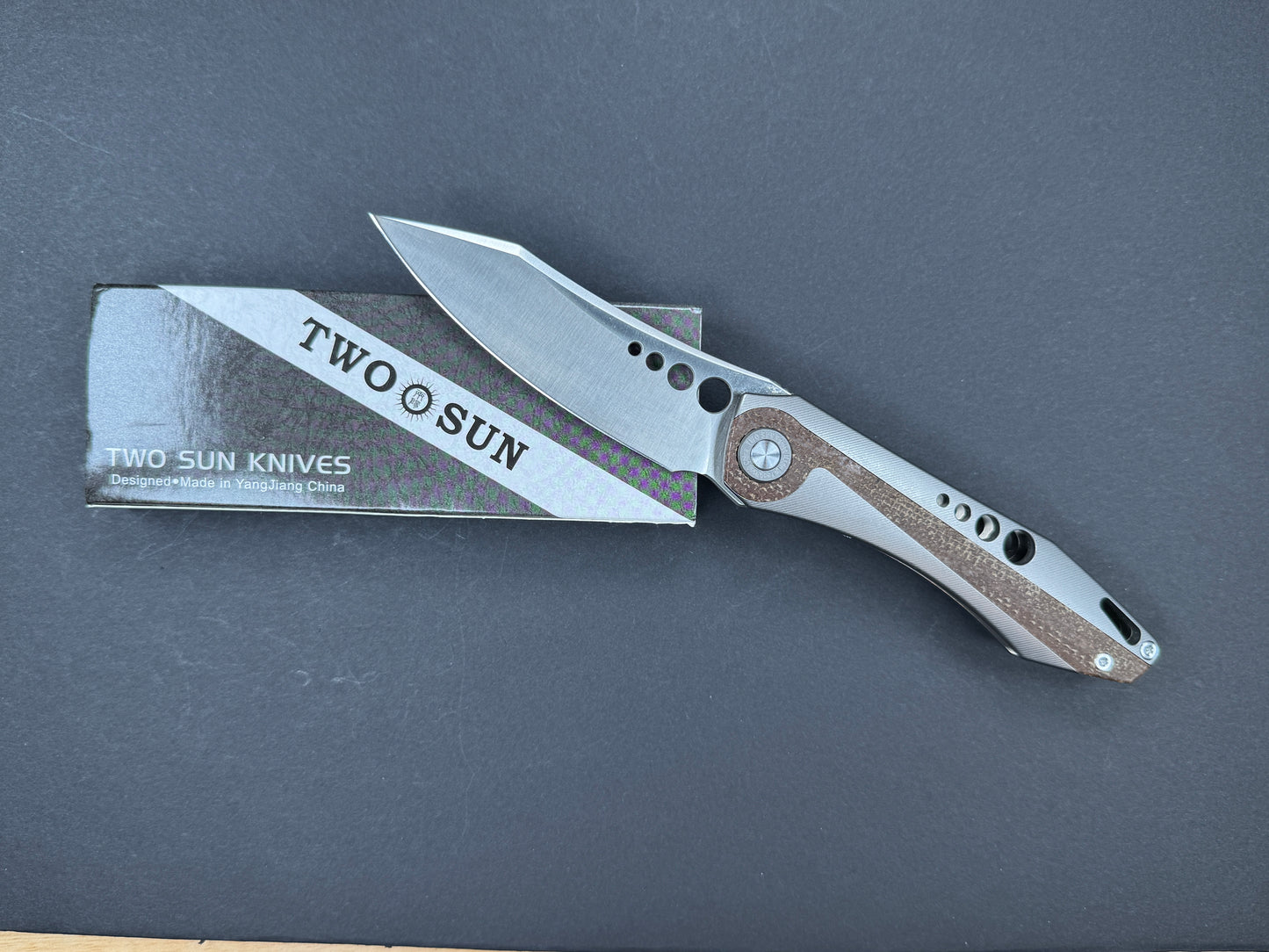 TWOSUN TS263 Folding, Frame Lock, 14C28N, Satin, Clip Point, Plain Edge, Full Grind, Handle: Titanium/ Micarta/Gray/ Brown, (NEW - OPEN BOX)