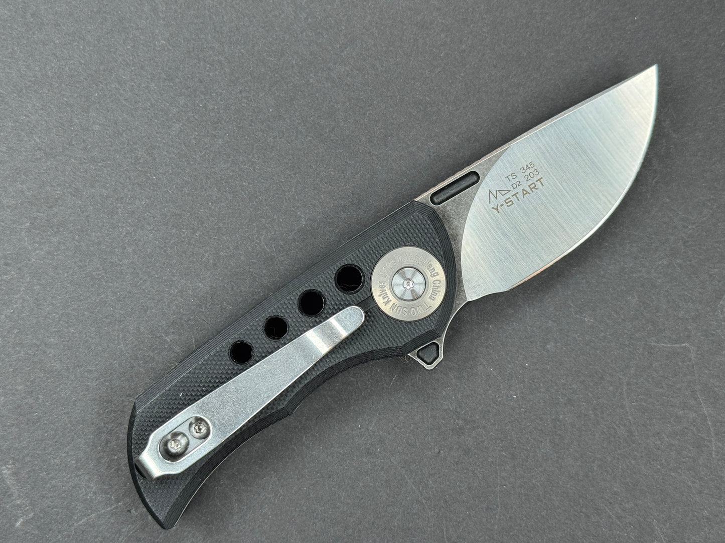 TWOSUN TS345 Folding, Liner Lock, D2, Satin/ Black Stonewash, Straight Back, Plain Edge, Full Grind, Handle: G10/Black, (NEW - OPEN BOX)