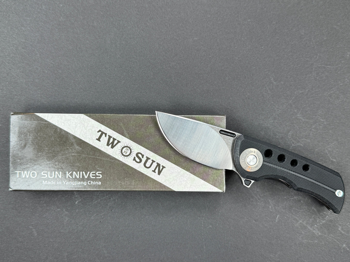 TWOSUN TS345 Folding, Liner Lock, D2, Satin/ Black Stonewash, Straight Back, Plain Edge, Full Grind, Handle: G10/Black, (NEW - OPEN BOX)