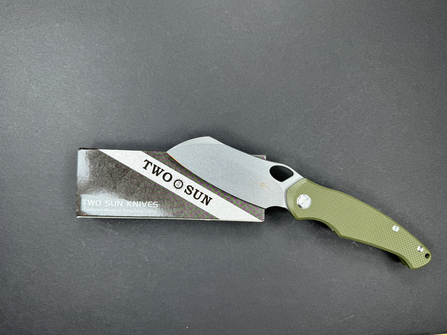TWOSUN TS421 Folding, Liner Lock, D2, Stonewash, Sheepsfoot, Plain Edge, Flat Grind, Handle: G10/Green, (NEW - OPEN BOX)
