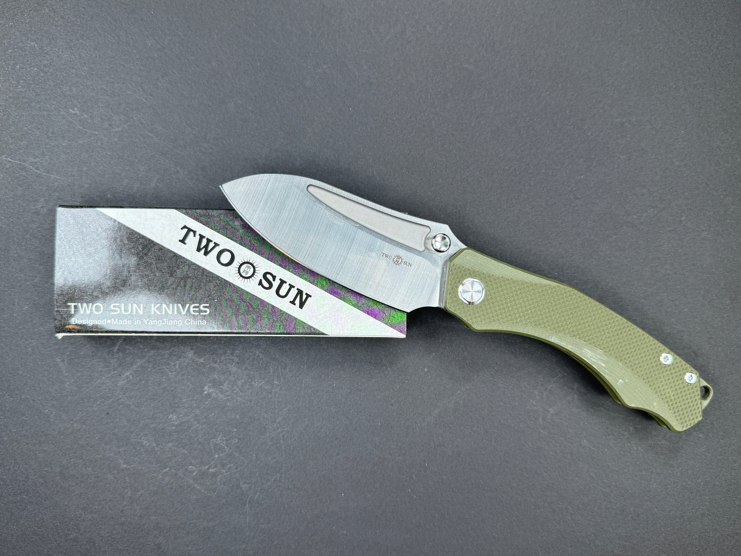 TWOSUN TS425 Folding, Liner Lock, K110, Satin, Drop Point, Plain Edge, Flat Grind, Handle: G10/Green, (NEW - OPEN BOX)