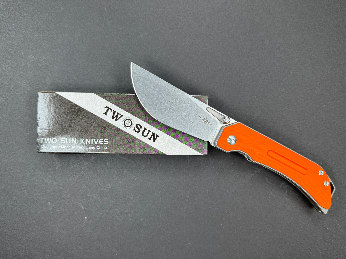 TWOSUN TS472 Folding, Liner Lock, 14C28N, Stonewash, Straight Back, Plain Edge, Full Grind, Handle: Titanium/ G10/Gray/ Orange, (NEW - OPEN BOX)