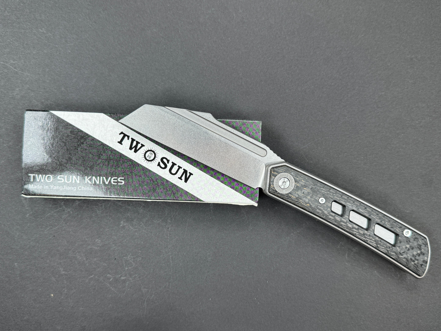 TWOSUN TS474 Folding, Frame Lock, M398, Stonewash, Sheepsfoot, Plain Edge, High Flat Grind, Handle: Titanium/ Carbon Fiber/Gray/ Black, (NEW - OPEN BOX)
