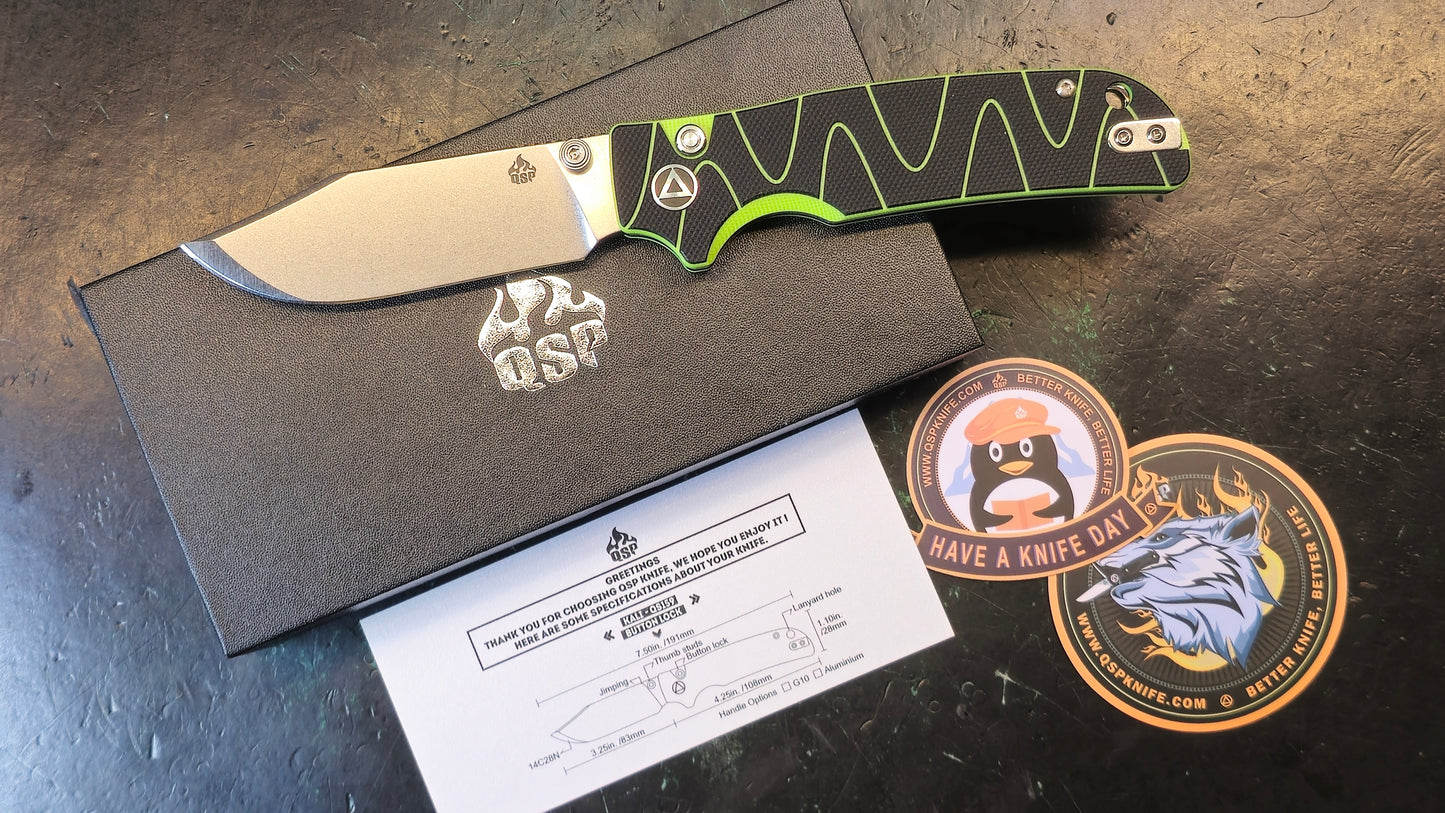 QSP Knives Kali Button Lock Folding Knife 3.25" 14C28N Stonewashed Clip Point Blade, Black and Neon Green Milled G10 Handles (OPEN BOX)