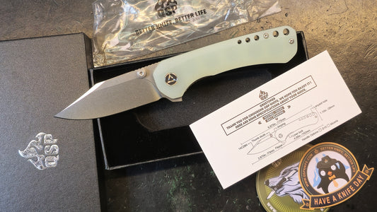 QSP Knives Kestrel Flipper Knife 2.88" 14C28N Stonewashed Clip Point Blade, Jade G10 Handles, Liner Lock (NEW)