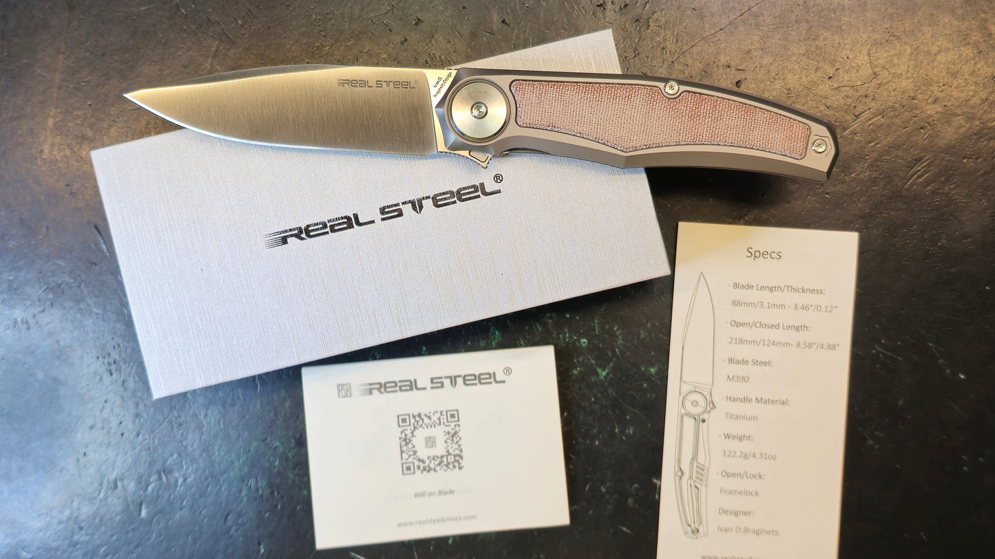 Real Steel Avangard Folding Knife Titanium/Natural Micarta Handle M390 Drop Point Plain Edge Satin Finish (Open Box)