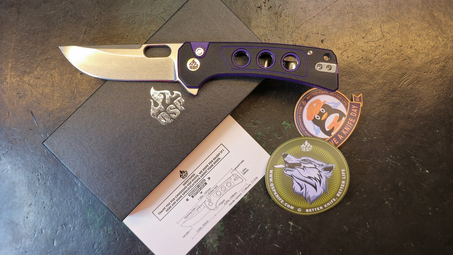 QSP Unicorn Button Lock Knife Black/Purple G10 Handle 14C28N Plain Satin Blade (OPEN BOX)