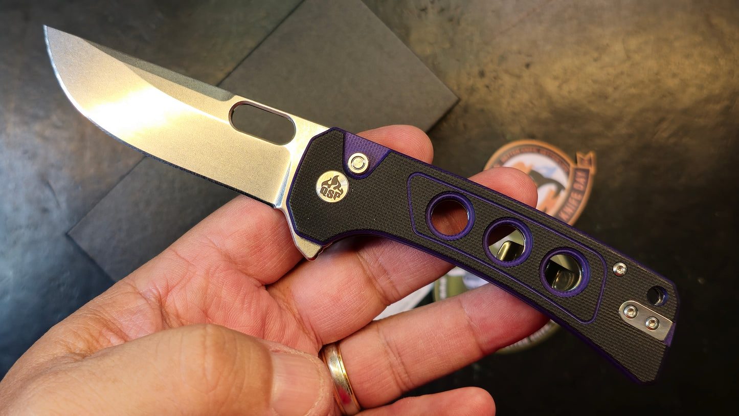 QSP Unicorn Button Lock Knife Black/Purple G10 Handle 14C28N Plain Satin Blade (OPEN BOX)