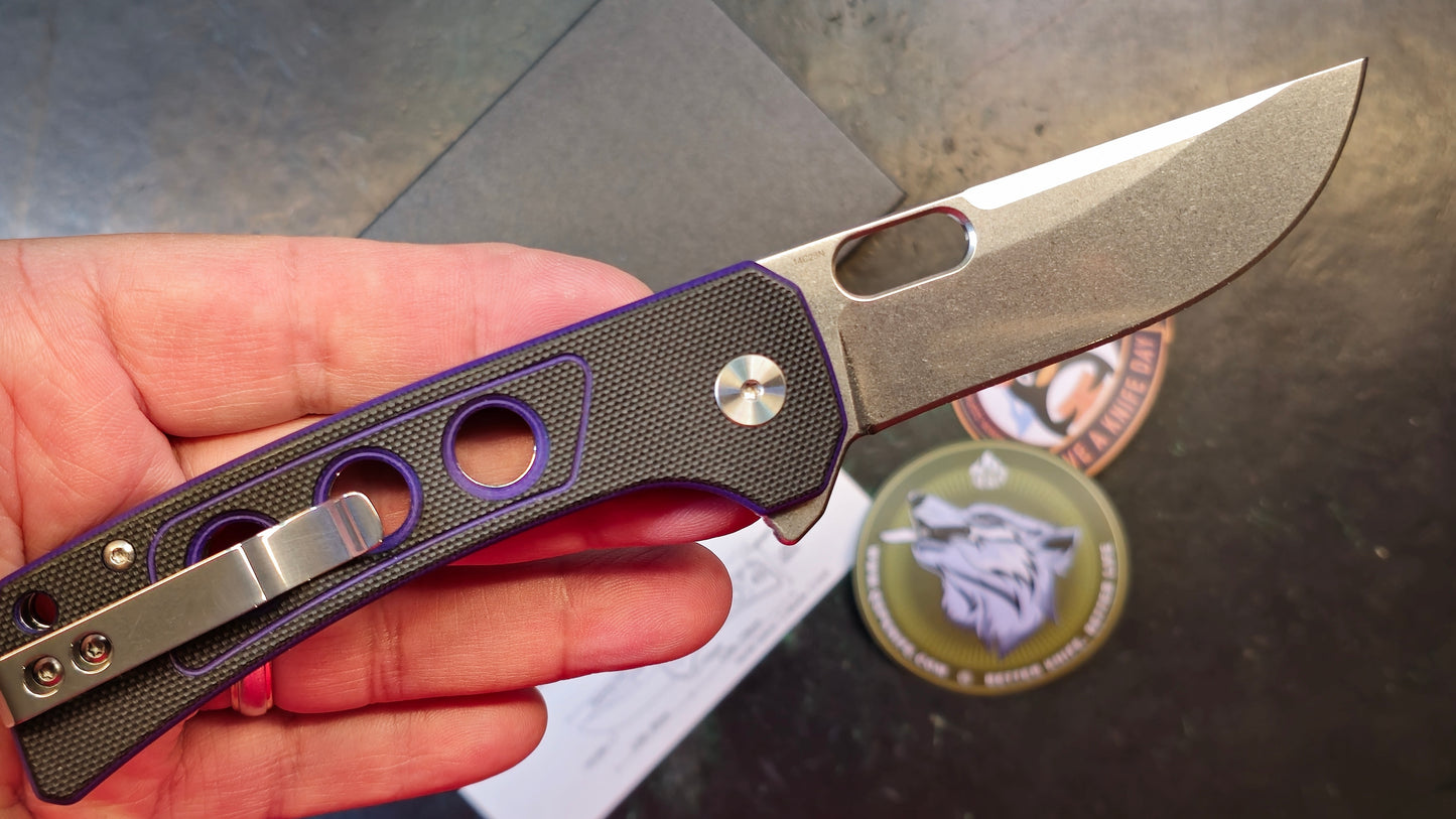 QSP Unicorn Button Lock Knife Black/Purple G10 Handle 14C28N Plain Satin Blade (OPEN BOX)