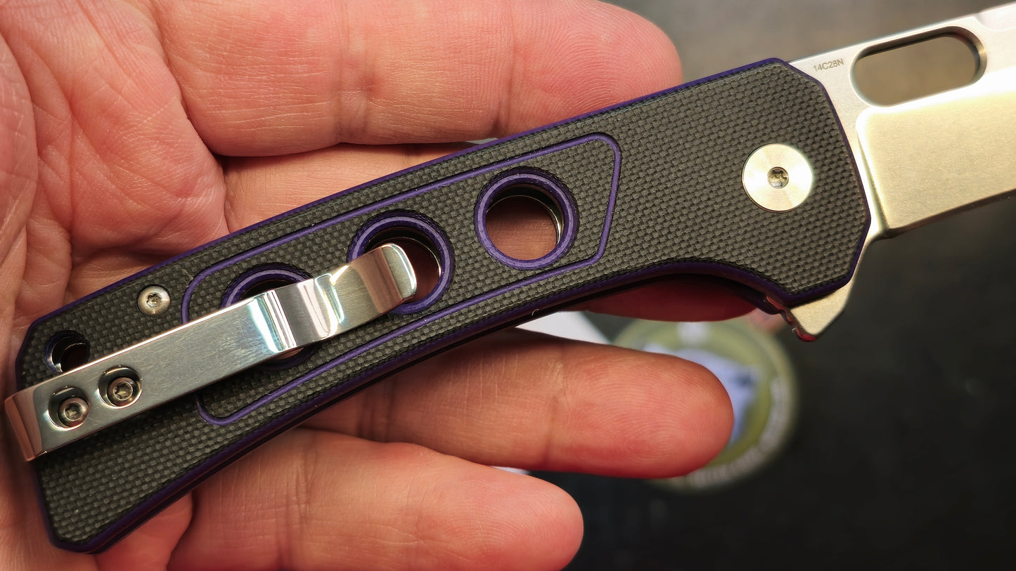 QSP Unicorn Button Lock Knife Black/Purple G10 Handle 14C28N Plain Satin Blade (OPEN BOX)