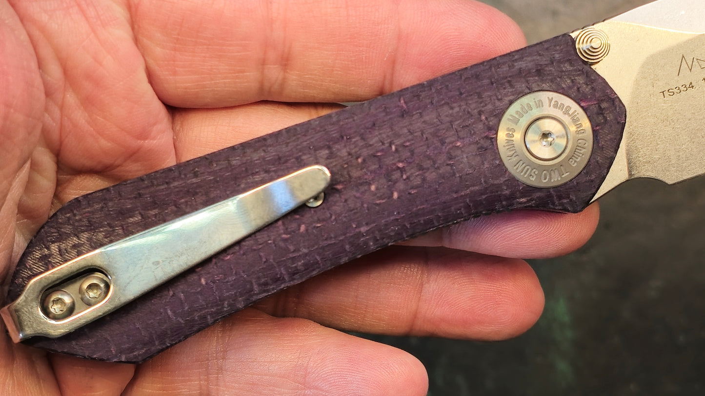 TwoSun TS334 14C28N PURPLE Linen Micarta Handle Plain Edge (USED-CLOSEOUT)