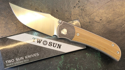 TwoSun TS301 Brown Linen Micarta / Carbon Fiber Titanium Handle D2 Plain Edge (USED-CLOSEOUT)