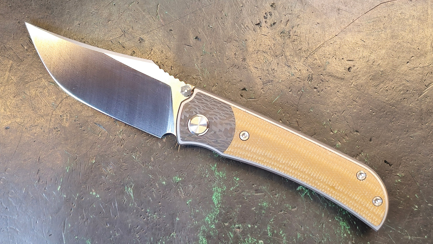 TwoSun TS301 Brown Linen Micarta / Carbon Fiber Titanium Handle D2 Plain Edge (USED-CLOSEOUT)