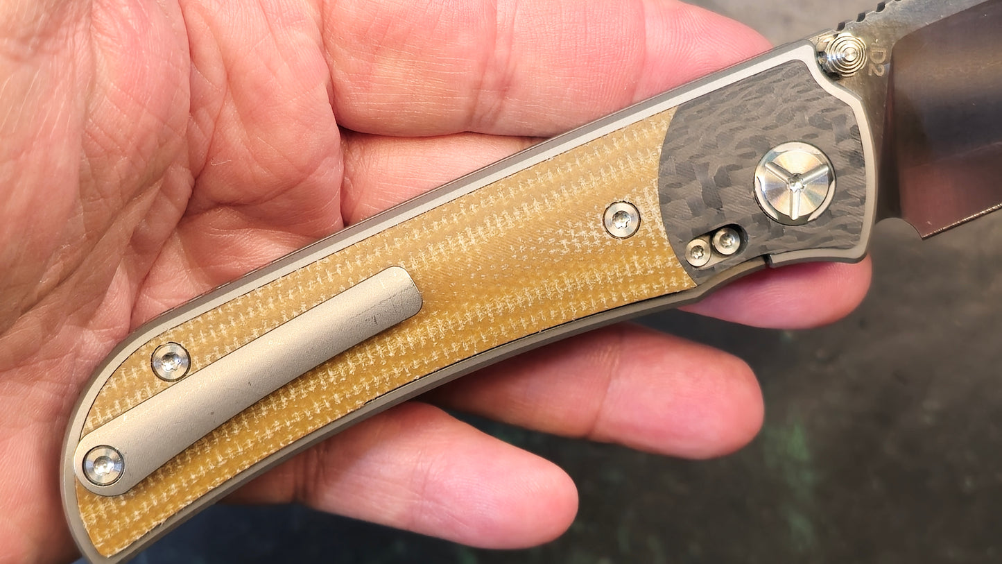 TwoSun TS301 Brown Linen Micarta / Carbon Fiber Titanium Handle D2 Plain Edge (USED-CLOSEOUT)