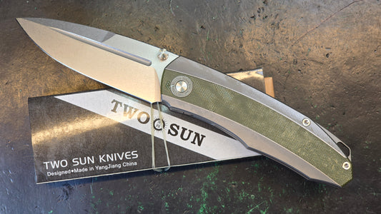 TwoSun TS479 Titanium/OD Green G10 Handle 14C28N Plain Edge (NEW)