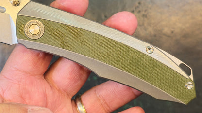 TwoSun TS479 Titanium/OD Green G10 Handle 14C28N Plain Edge (NEW)