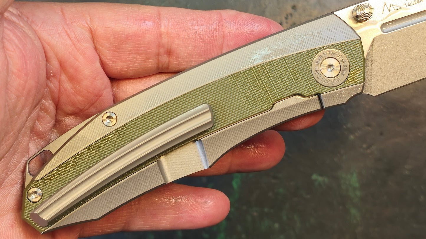 TwoSun TS479 Titanium/OD Green G10 Handle 14C28N Plain Edge (NEW)