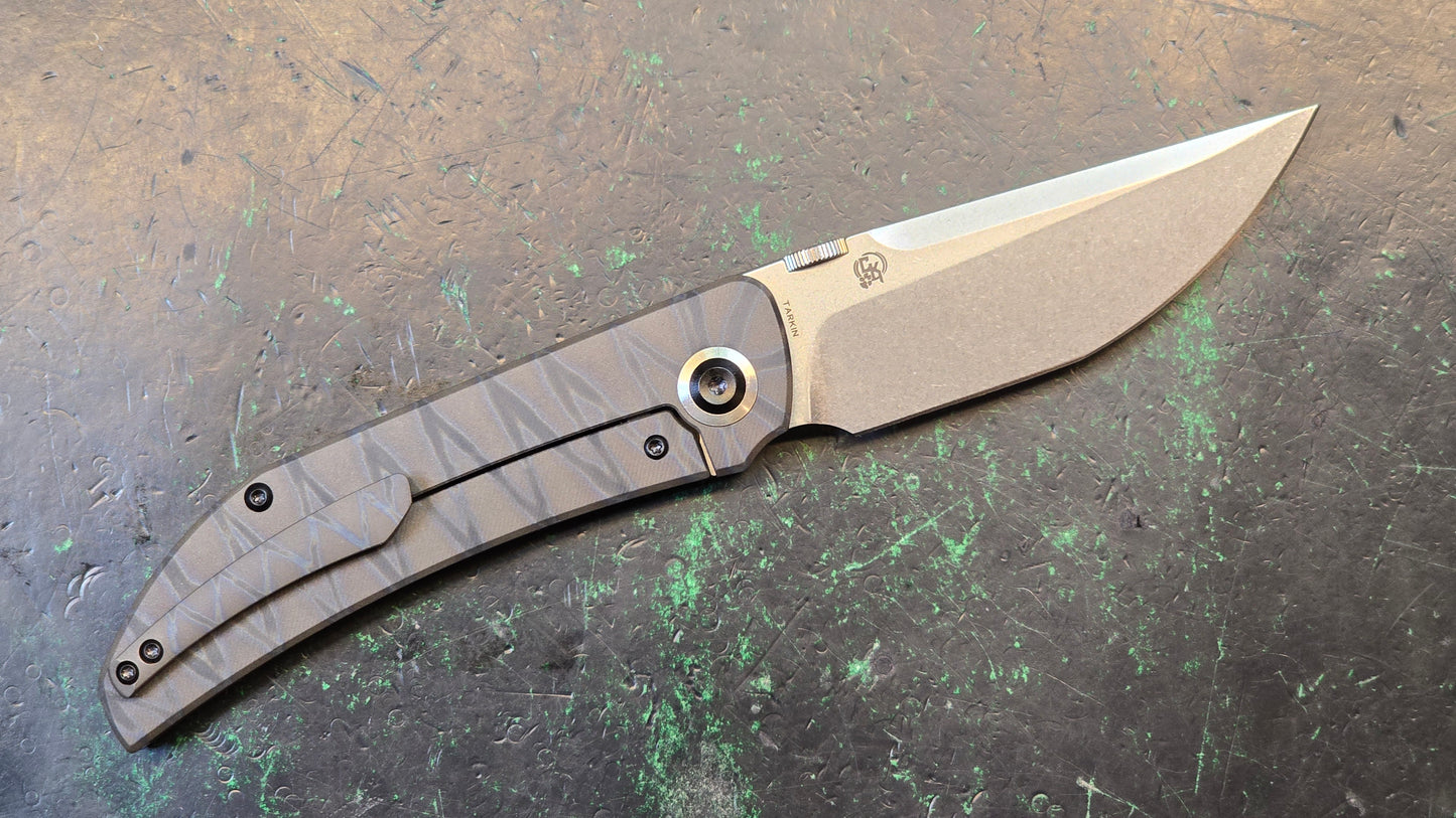 KANSEPT Tarkin Frame Lock Tiger Stripe Flamed Titanium w/Holes Handle (3.36'' 20CV Blade) Matthew Christensen Design (NEW - OPEN BOX)