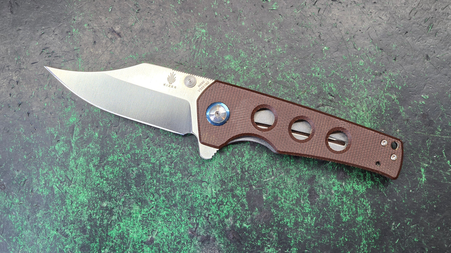 Kizer Junges Flipper 3.06" N690 Satin Bowie Brown Micarta (NEW - NO BOX)