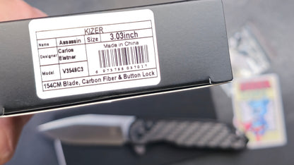 Kizer Assassin Pocket Knife, 3.04" 154CM Steel Blade, Black Carbon Fiber and G10 (NEW)