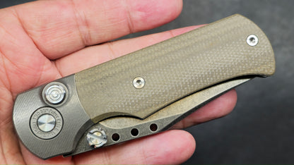 TwoSun Button Lock Pocket Knife Tan Micarta Titanium Handle D2 Plain Edge (NEW - OPEN BOX)