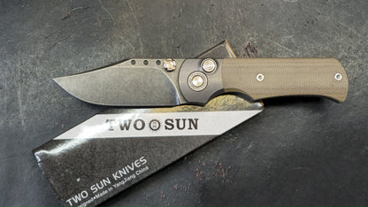 TwoSun Button Lock Pocket Knife Tan Micarta Titanium Handle D2 Plain Edge (NEW - OPEN BOX)