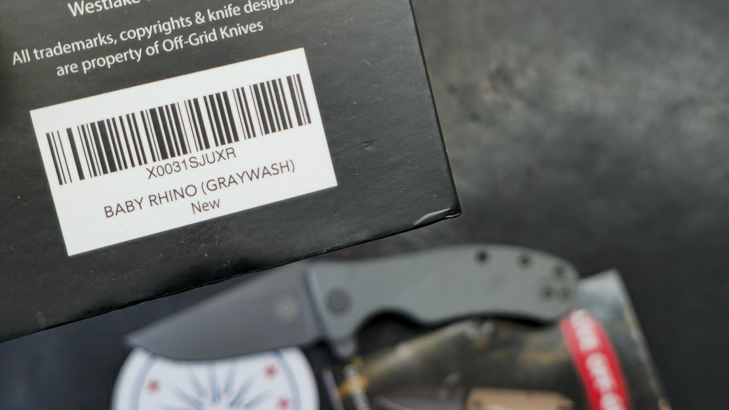 Off-Grid Knives Baby Rhino DLC COATED Sandvik 14C28N Gray G10 (NEW)