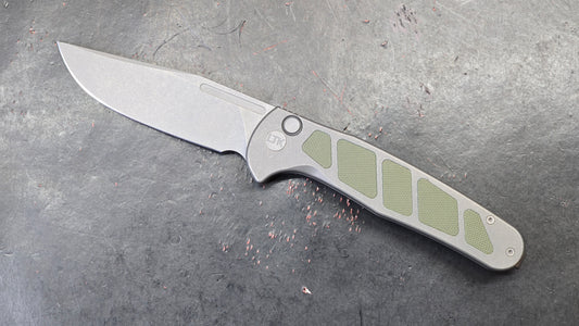 LTK REZULT Button Lock, Titanium Handle Green G10 Inlay 20CV (NEW)