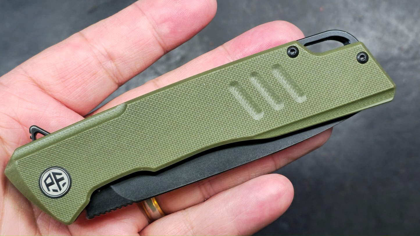 Petrified Fish Loco Flipper Pocket Knife Green G10 Handle D2 (NEW)