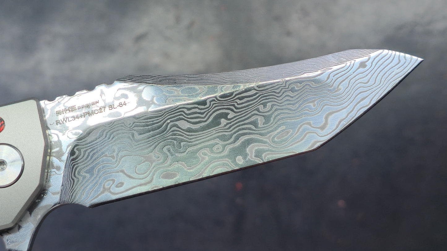 Sixleaf SL-64-RP Titanium/G10 Handle Red RWL34+PMC27 Damascus (NEW)