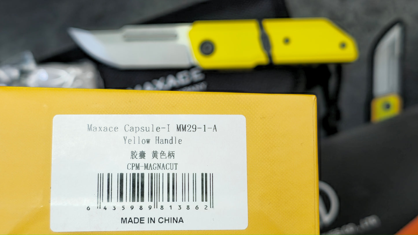 Maxace Capsule Pocket Knife Cerakote Yellow/Black Titanium Handle Magnacut (NEW)