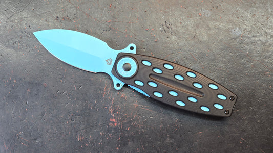 QSP Beetle Folding Knife Black G10/Blue Handle 14C28N (NEW)