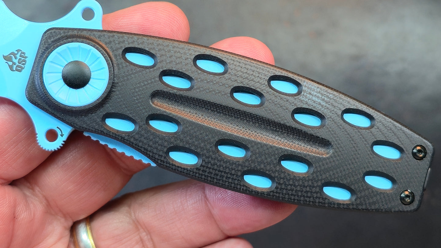 QSP Beetle Folding Knife Black G10/Blue Handle 14C28N (NEW)