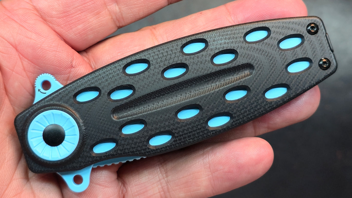 QSP Beetle Folding Knife Black G10/Blue Handle 14C28N (NEW)