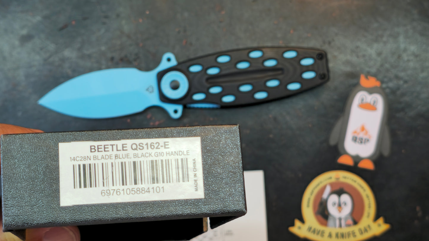 QSP Beetle Folding Knife Black G10/Blue Handle 14C28N (NEW)