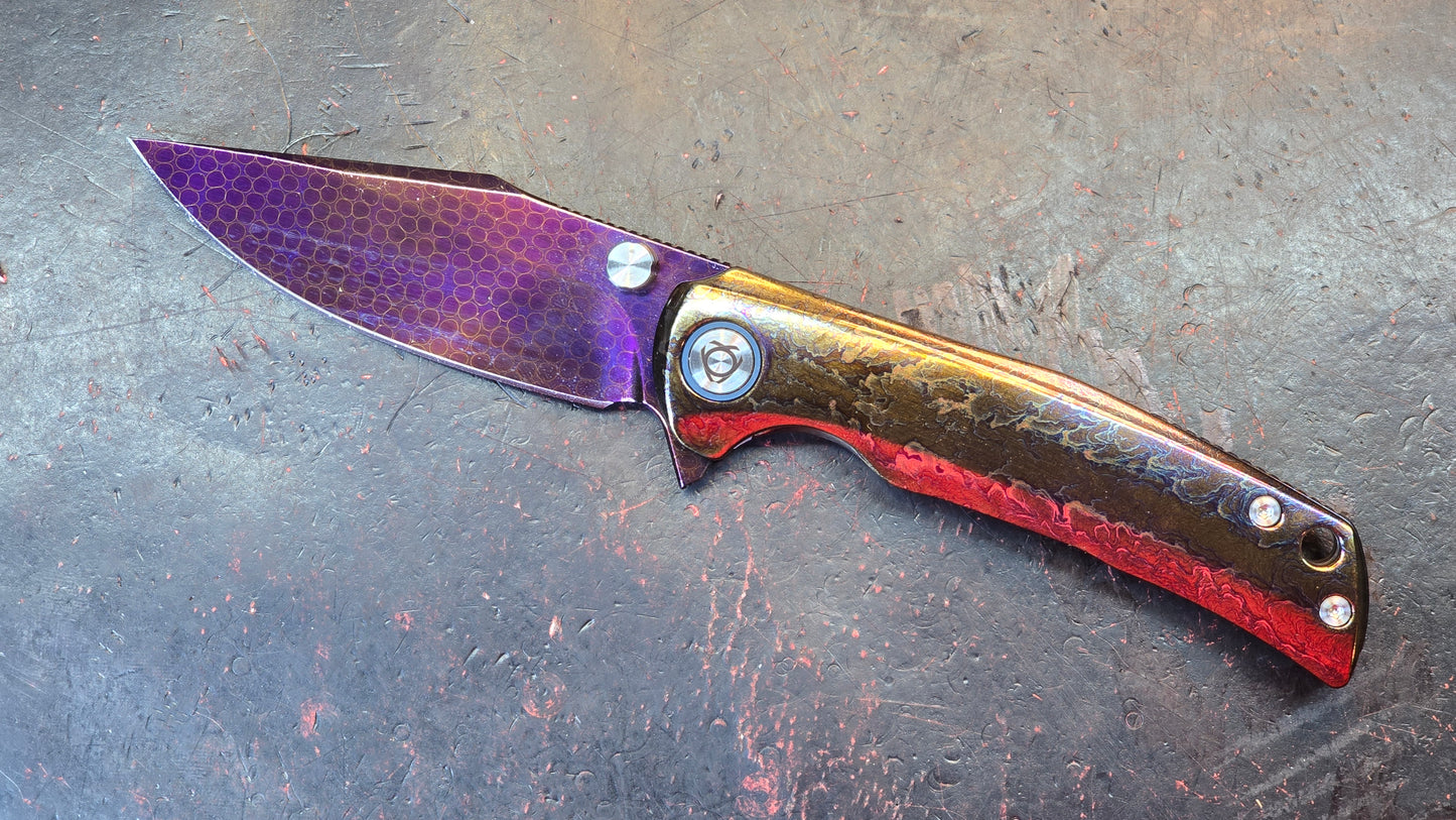 Sixleaf SL-85 Titanium Lightning Ano Dragon Damascus Blade