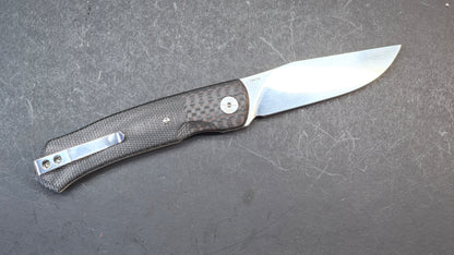 QSP Gannet Front Flipper Red / Black CF W/Micarta Handle 154CM (DISCOUNT IN CART)