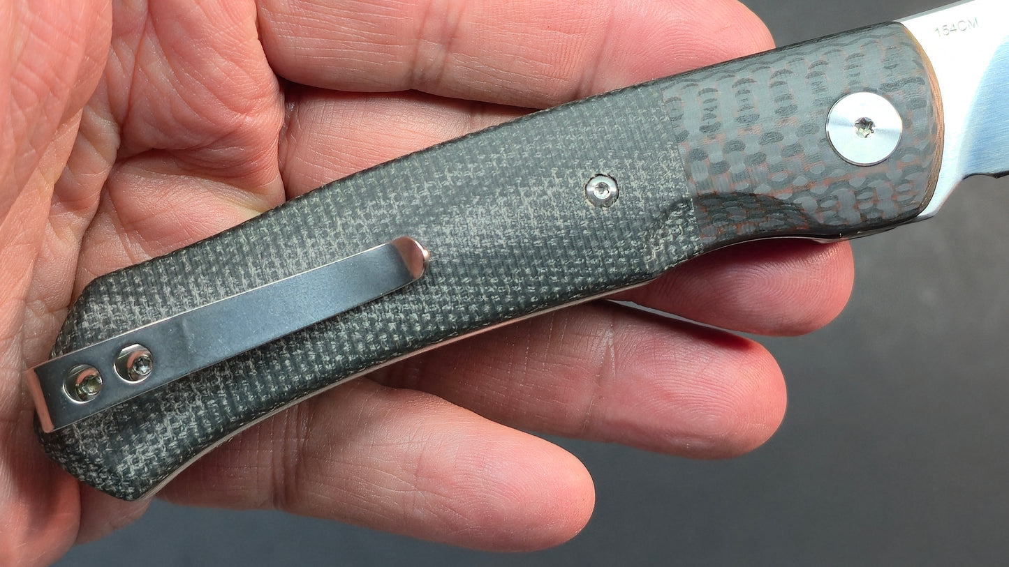 QSP Gannet Front Flipper Red / Black CF W/Micarta Handle 154CM (DISCOUNT IN CART)