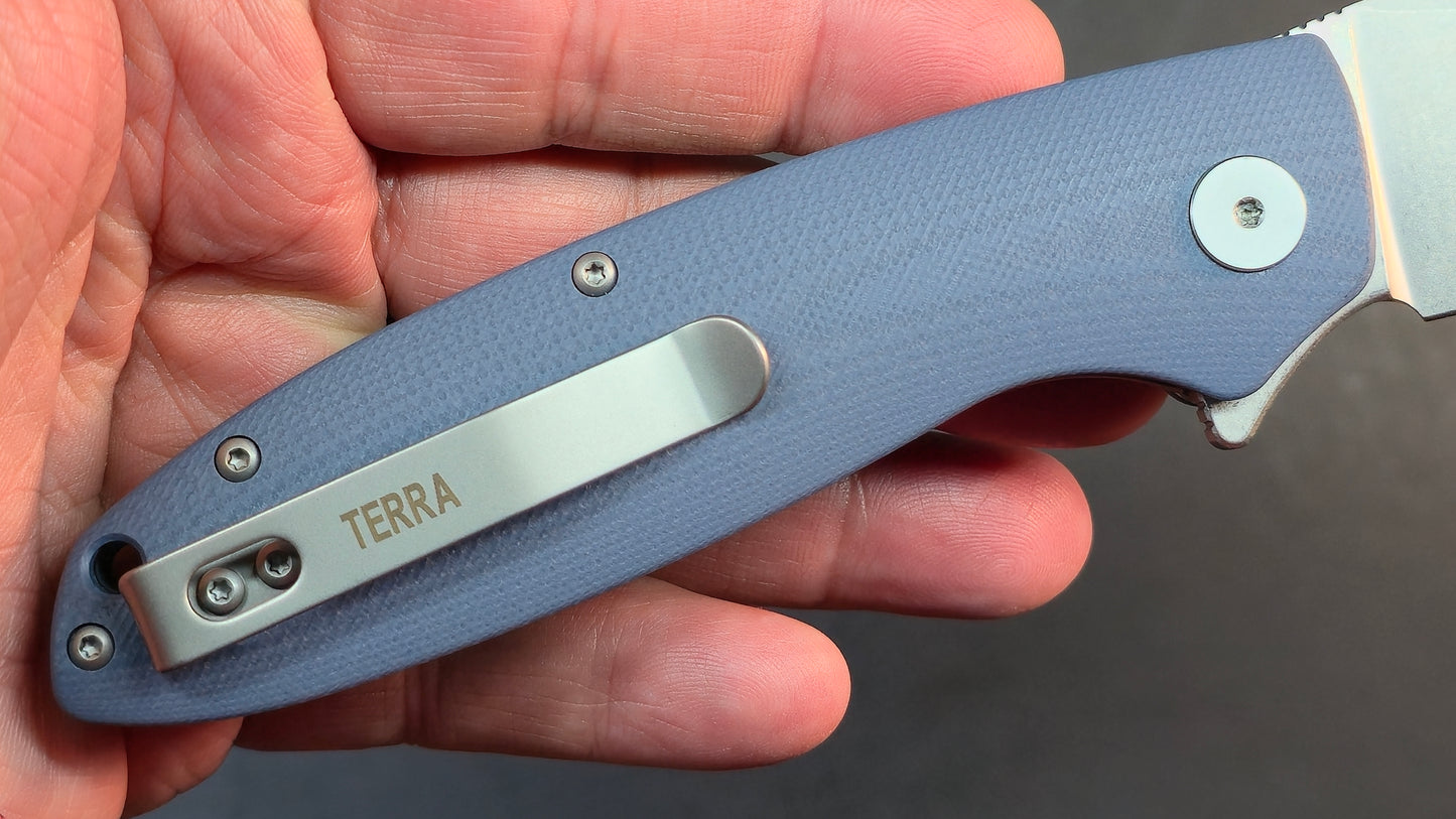 Petrified Fish Terra Folding Knife Blue G10 Handle D2