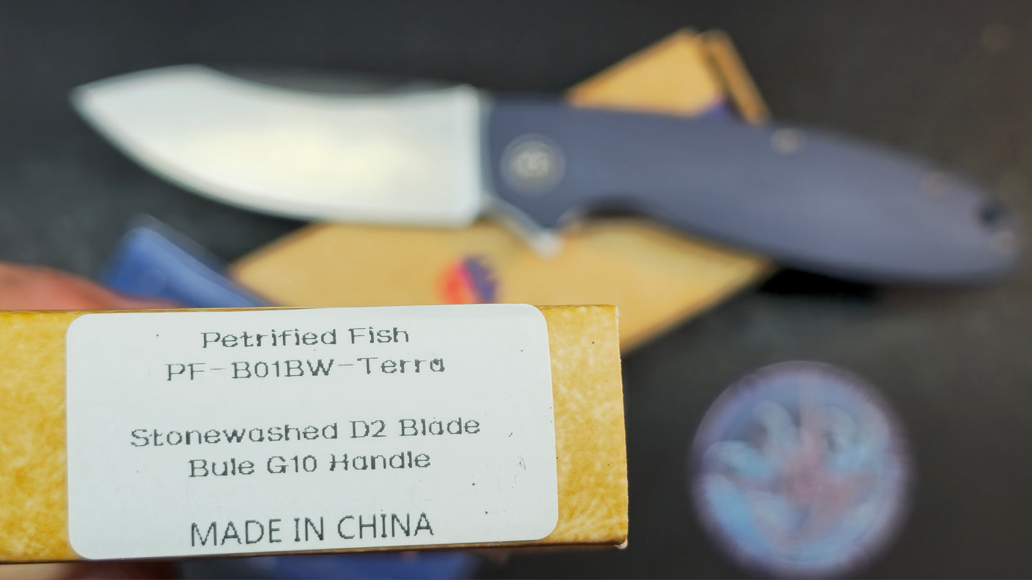 Petrified Fish Terra Folding Knife Blue G10 Handle D2