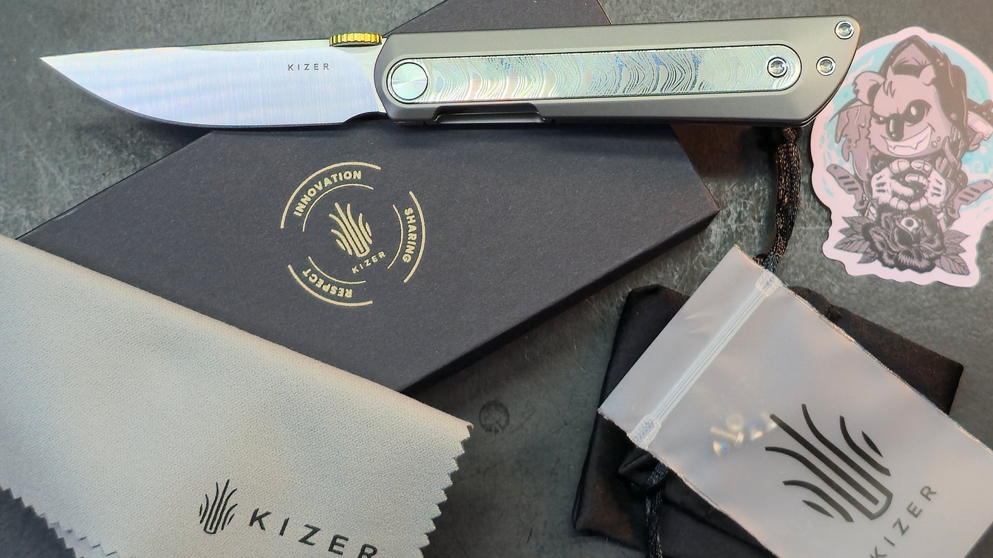 Kizer Quoll Folding Knife Titanium/Damascus Handle S45VN Blade