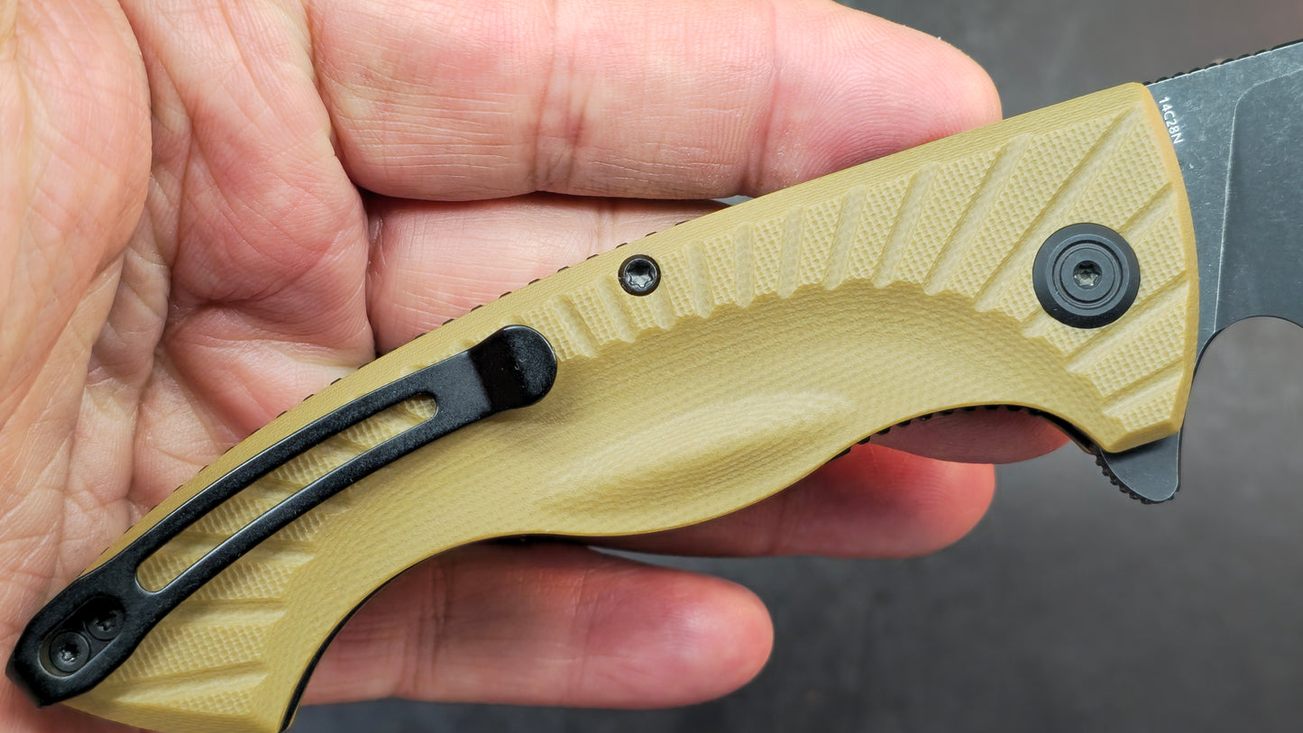 Kubey Timberwolf Folding Knife Tan G10 Handle 14C28N