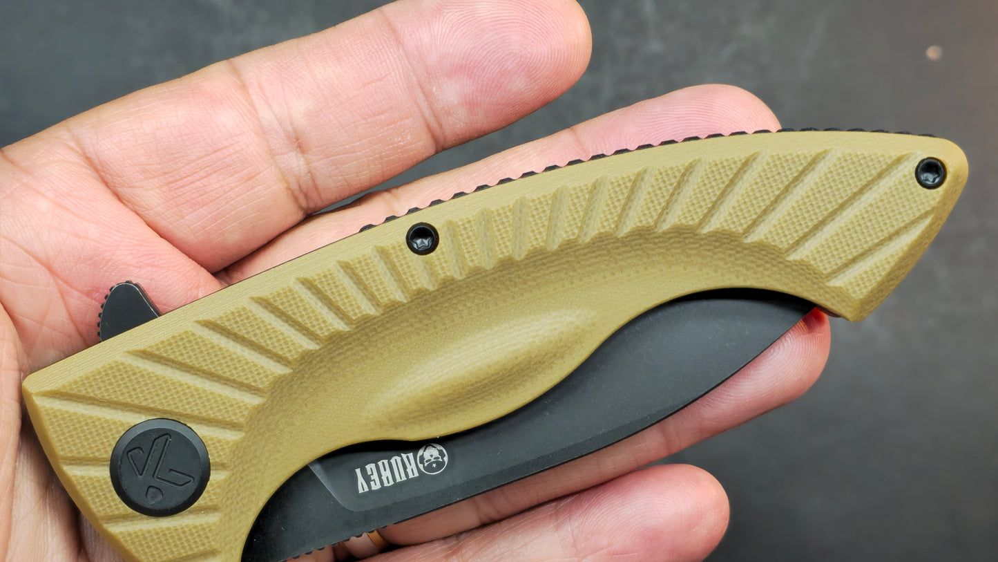 Kubey Timberwolf Folding Knife Tan G10 Handle 14C28N