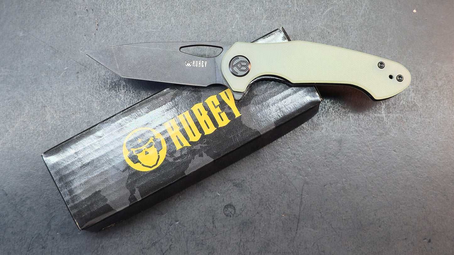Kubey Dugu Liner Lock Folding Knife Jade G10 Handle 14C28N