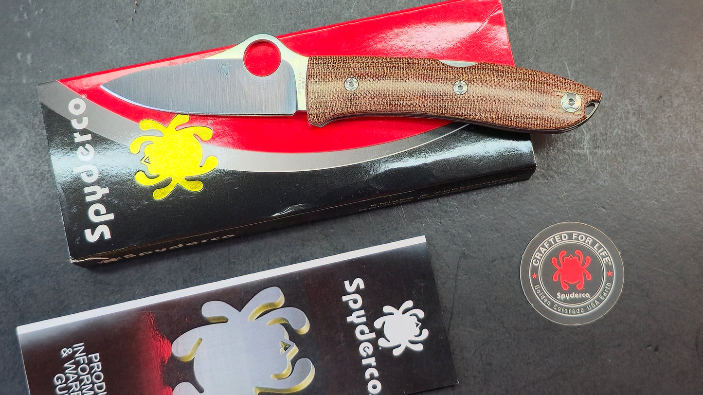 Spyderco Spyopera Folding Knife Brown Canvas Micarta Handle Plain M390