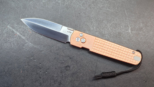 CJRB The Perfect Locust Folding Knife Frag Pattern Copper Handle S90V Spear Point