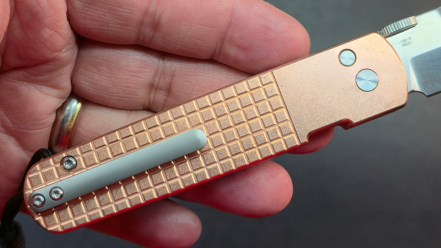 CJRB The Perfect Locust Folding Knife Frag Pattern Copper Handle S90V Spear Point