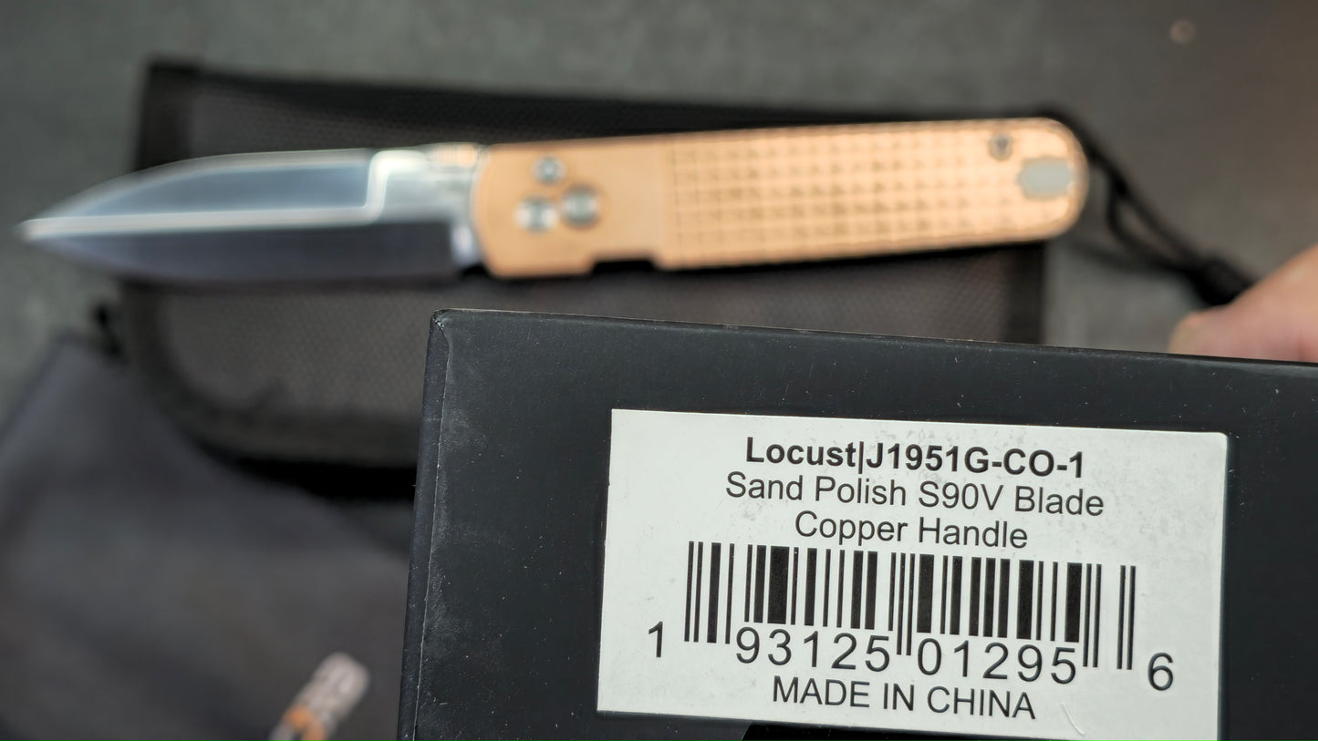 CJRB The Perfect Locust Folding Knife Frag Pattern Copper Handle S90V Spear Point