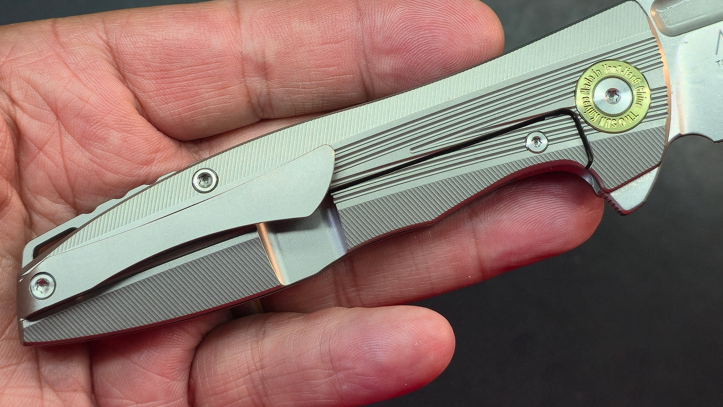 TwoSun TS39 Blue / Gray Titanium Handle M390 Plain Edge (NEW)